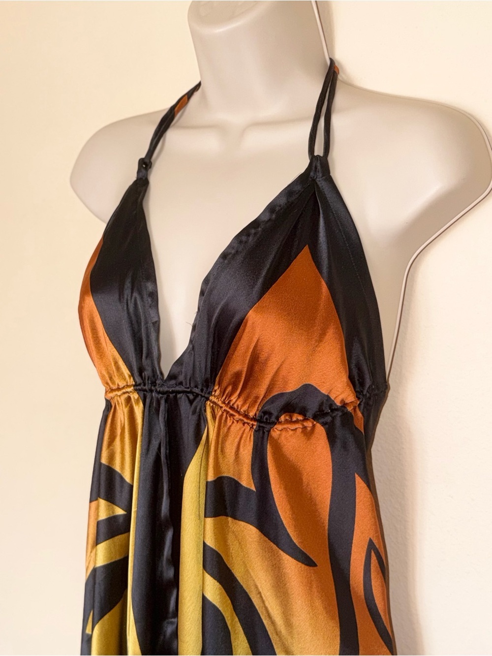Y2K Black & Burnt Orange Satin Halter Dress - Picture 3 of 16